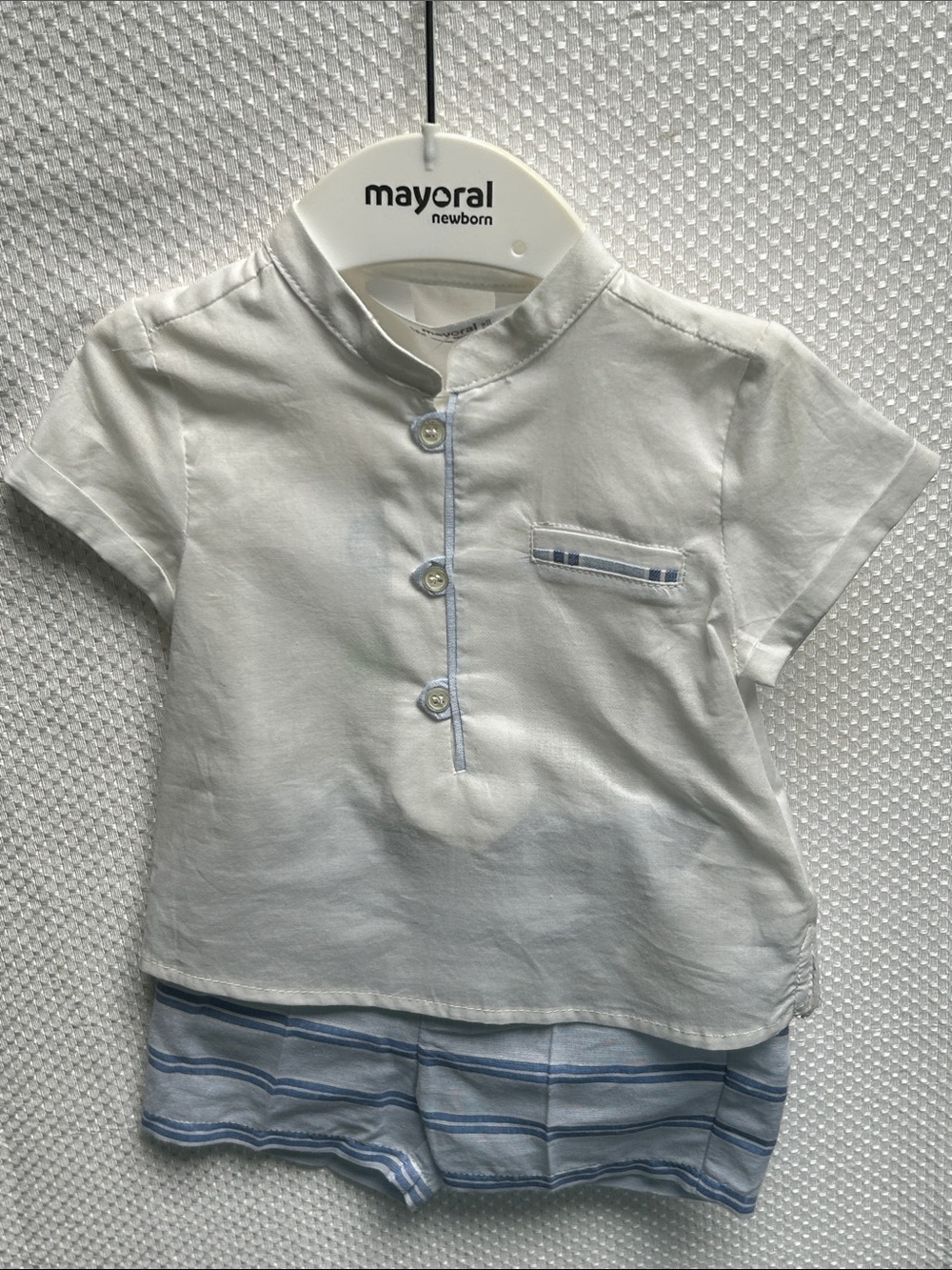 Mayoral CottonWhite & Blue Baby Shirt and Shorts Set. Cotton/linen shorts. NWT.